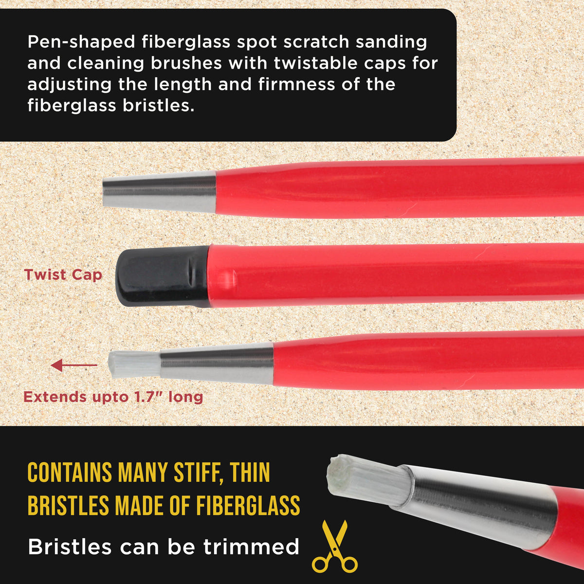 Fiberglass Spot Scratch Brush Pen Tool, Pack of 3 - Clean, Sand, Scuff Surfaces, Remove Rust & Corrosion, Prep Sanding Auto Paint Scratches