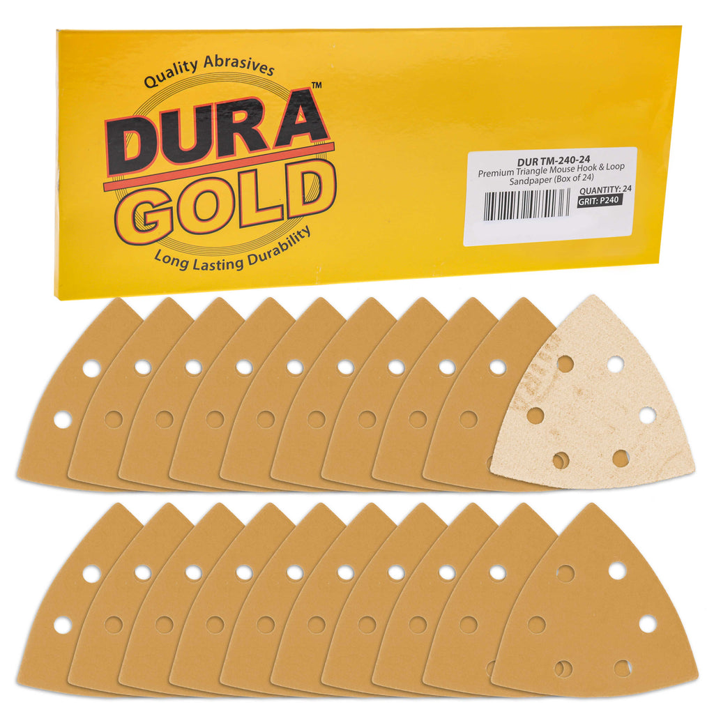 Triangle Mouse Sanding Sheets - 240 Grit (Box of 24) - 6 Hole Pattern Hook & Loop Triangular Shaped Discs - Aluminum Oxide Sandpaper