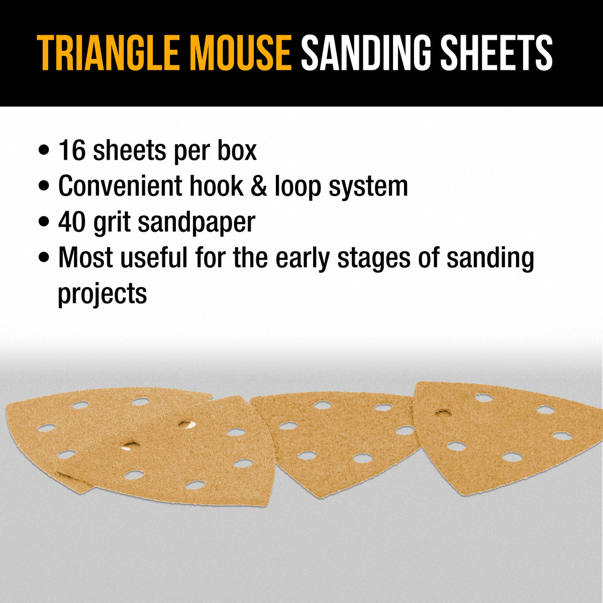 Triangle Mouse Sanding Sheets - 40 Grit (Box of 16) - 6 Hole Pattern Hook & Loop Triangular Shaped Discs - Aluminum Oxide Sandpaper