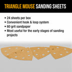 Triangle Mouse Sanding Sheets - 60 Grit (Box of 24) - 6 Hole Pattern Hook & Loop Triangular Shaped Discs - Aluminum Oxide Sandpaper