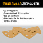 Triangle Mouse Sanding Sheets - 600 Grit (Box of 20) - 6 Hole Pattern Hook & Loop Triangular Shaped Discs - Aluminum Oxide Sandpaper