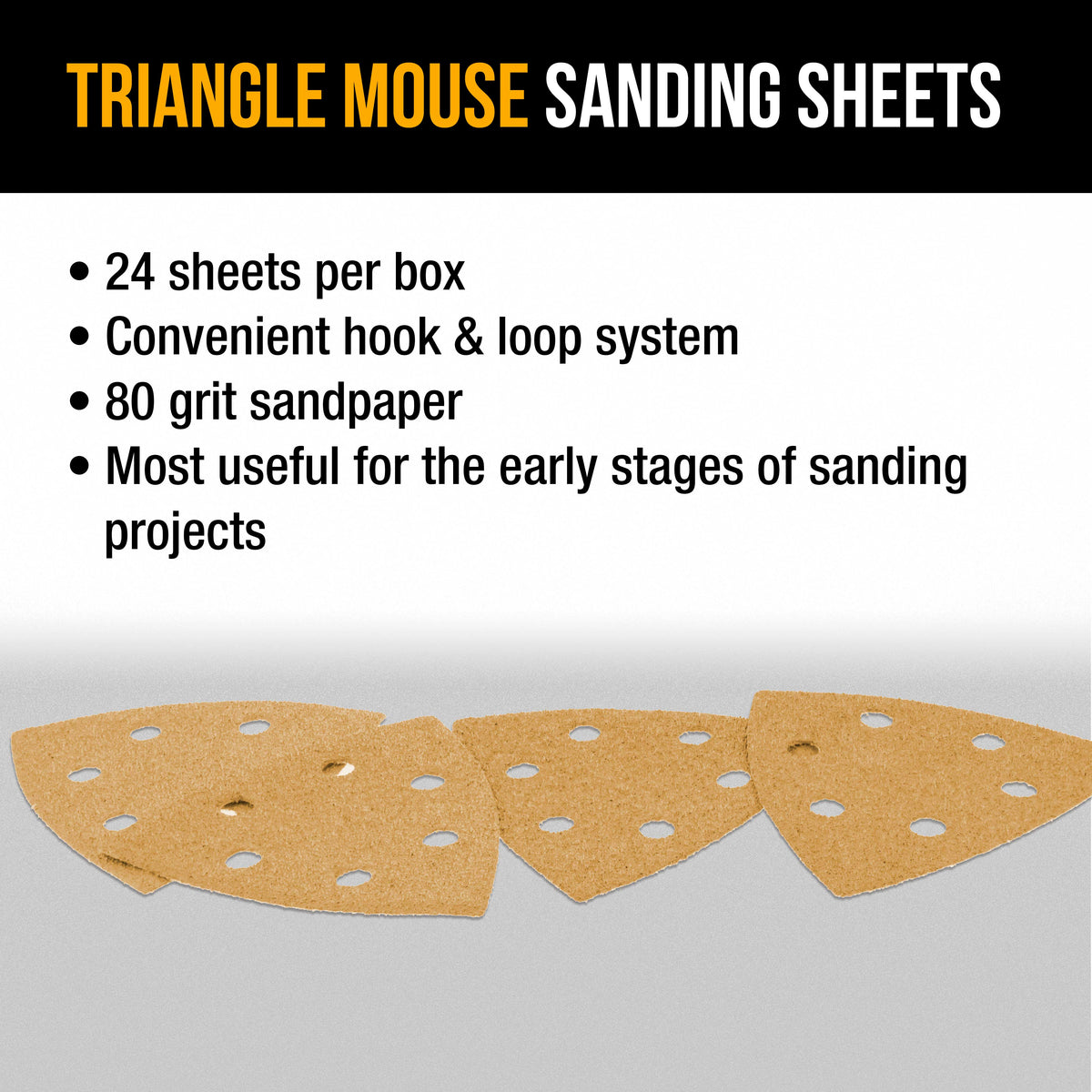 Triangle Mouse Sanding Sheets - 80 Grit (Box of 24) - 6 Hole Pattern Hook & Loop Triangular Shaped Discs - Aluminum Oxide Sandpaper