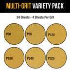 Triangle Mouse Sanding 24 Sheets Variety Pack, 4 Each 60, 80, 120, 180 240 320 Grit, 6 Hole Pattern Hook & Loop Triangular Sandpaper