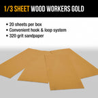 320 Grit - 1/3 Sheet Size Wood Workers Gold, 3-2/3" x 9" with Hook & Loop Backing - Box of 20 Sheets - Jitterbug Sander