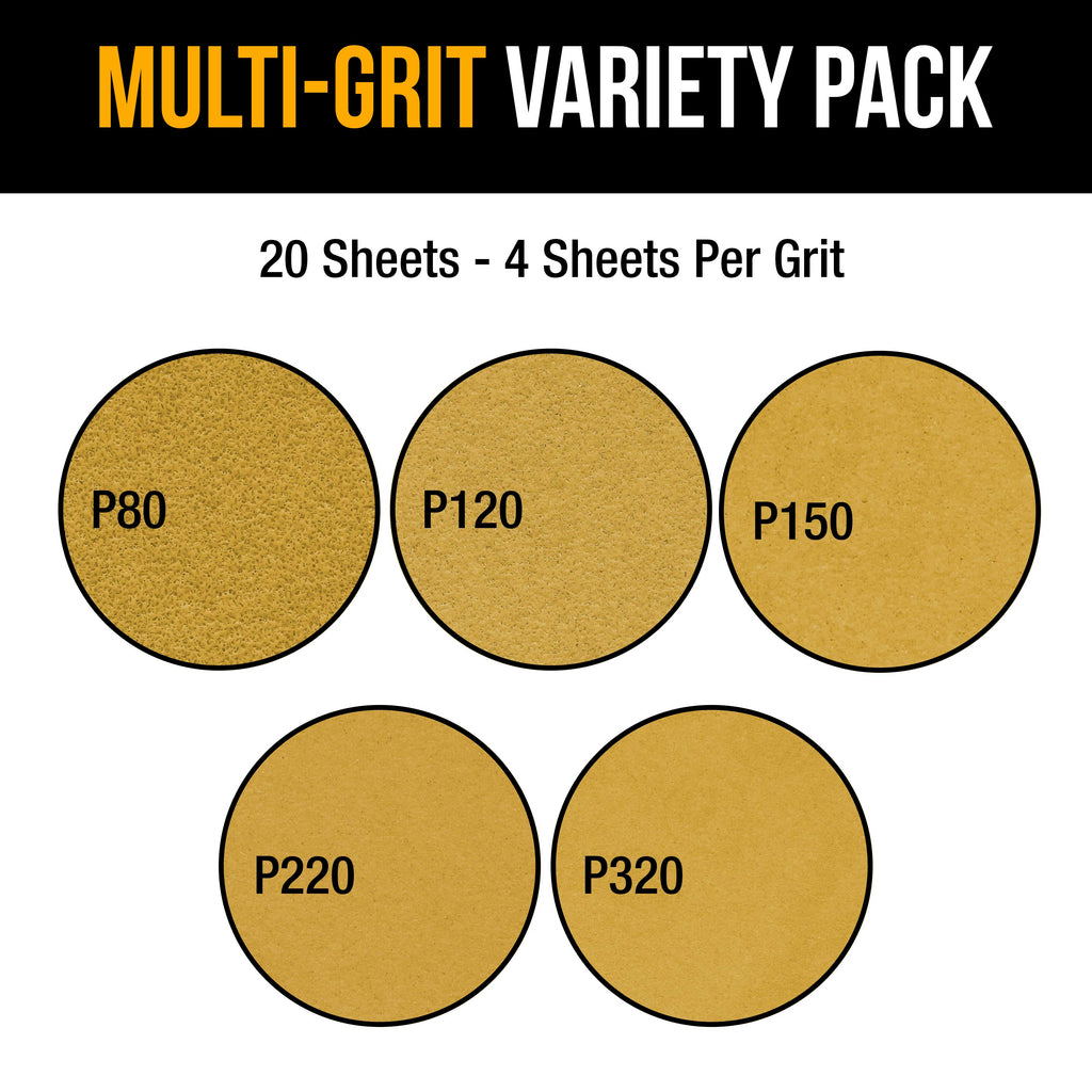 Sandpaper 1/3 Sheet Variety Pack - 80, 120, 150, 220 & 320 Grit (4 Sheets Each, 20 Total) - Gold, 3-2/3" x 9", Hook & Loop