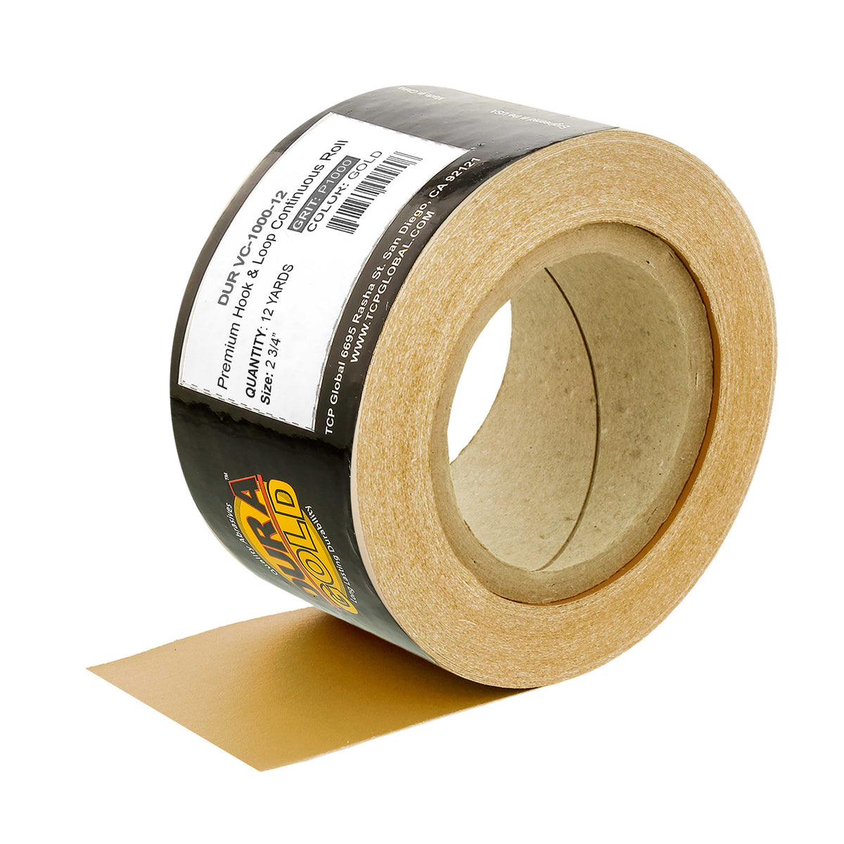 Premium 1000 Grit Gold Longboard Continuous Sandpaper Roll, 2-3/4" Wide, 12 Yards Long, Hook & Loop Backing - Auto Detailing, Color Sanding