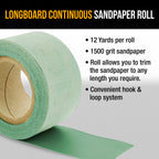 Premium 1500 Grit Green Film Longboard Continuous Sandpaper Roll, 2-3/4" Wide, 12 Yards Long, Hook & Loop Backing - Detailing, Color Sanding
