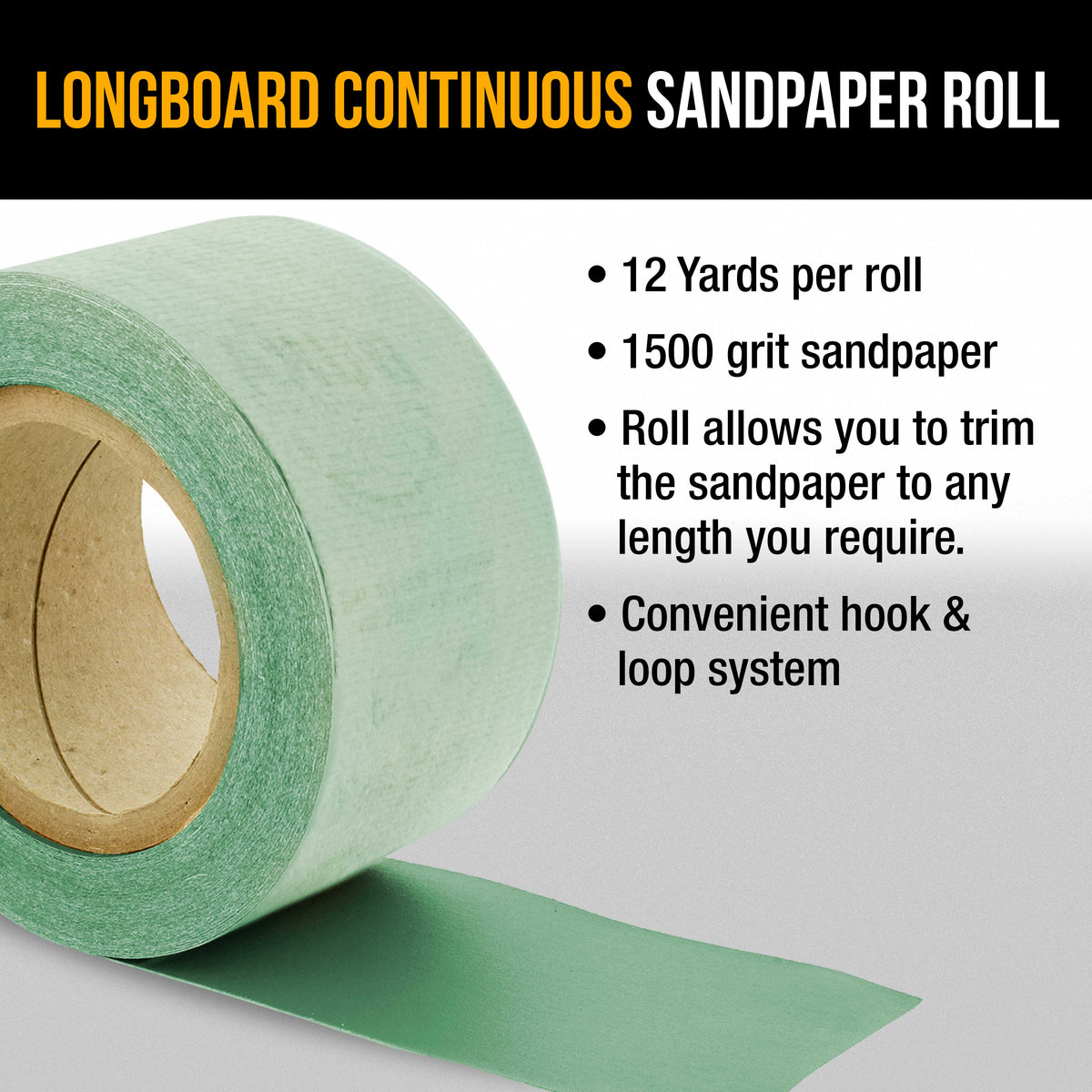 Premium 1500 Grit Green Film Longboard Continuous Sandpaper Roll, 2-3/4" Wide, 12 Yards Long, Hook & Loop Backing - Detailing, Color Sanding