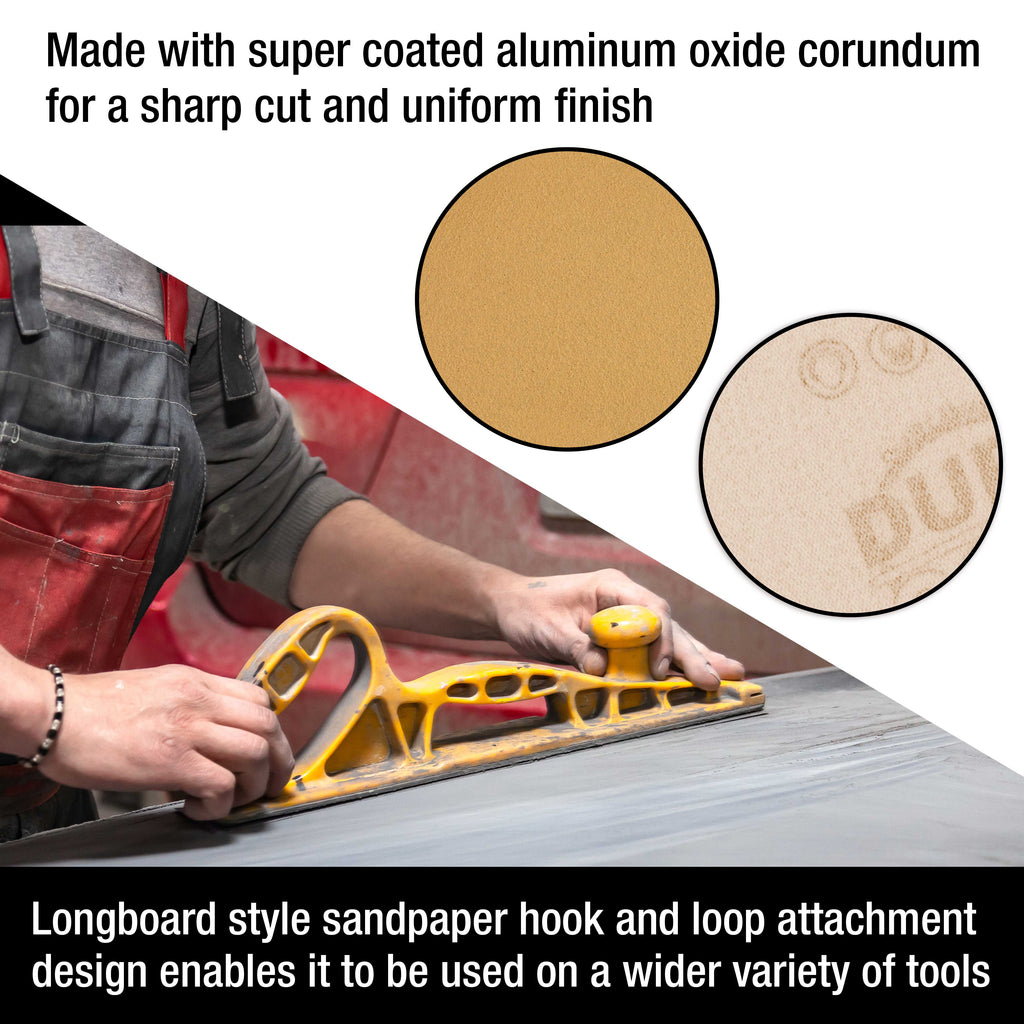Premium 180 Grit Gold Longboard Continuous Sandpaper Roll, 2-3/4" Wide, 12 Yards Long, Hook & Loop Backing - Automotive, Woodworking Sanding