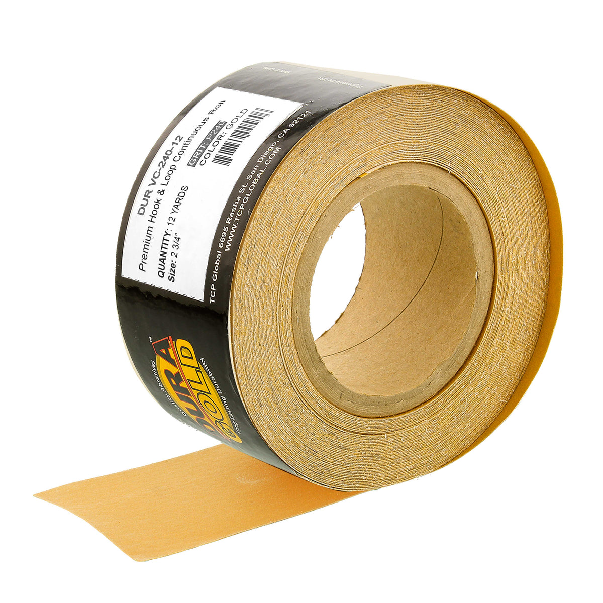 Premium 240 Grit Gold Longboard Continuous Sandpaper Roll, 2-3/4" Wide, 12 Yards Long, Hook & Loop Backing - Automotive, Woodworking Sanding