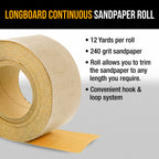 Premium 240 Grit Gold Longboard Continuous Sandpaper Roll, 2-3/4" Wide, 12 Yards Long, Hook & Loop Backing - Automotive, Woodworking Sanding