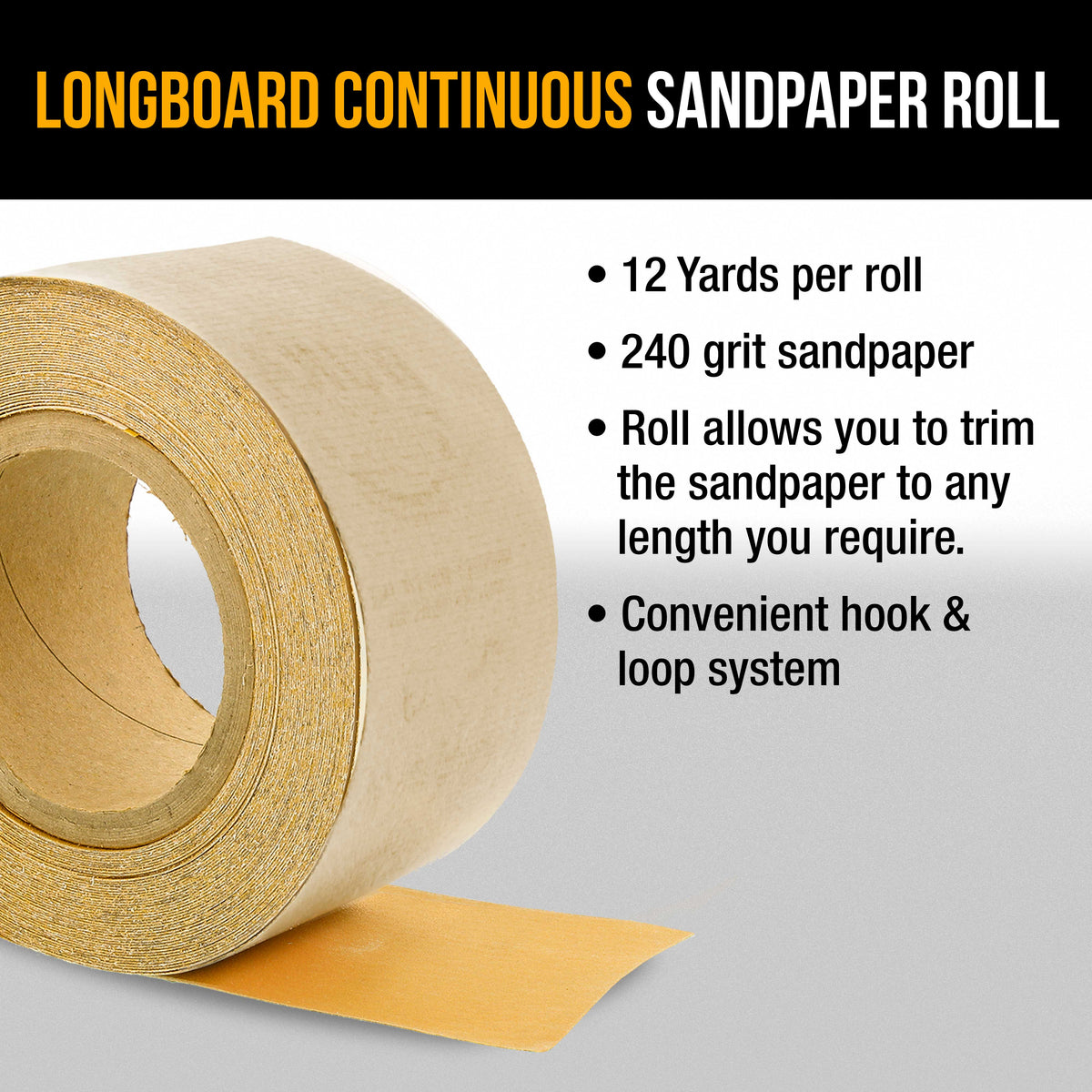 Premium 240 Grit Gold Longboard Continuous Sandpaper Roll, 2-3/4" Wide, 12 Yards Long, Hook & Loop Backing - Automotive, Woodworking Sanding