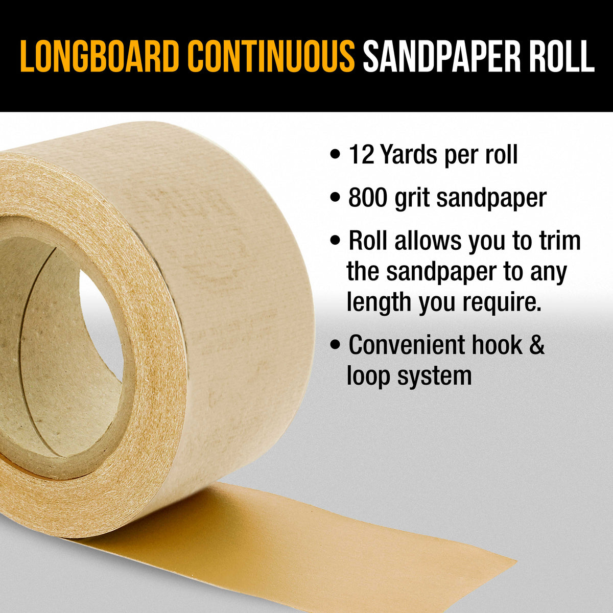 Premium 800 Grit Gold Longboard Continuous Sandpaper Roll, 2-3/4" Wide, 12 Yards Long, Hook & Loop Backing - Auto Detailing, Color Sanding