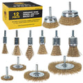 12-Piece Abrasive Brass-Coated Wire Wheel, Cup Brush, and End Brush Set, 1/4" Drill Shank - Clean Remove Grind, Strip Rust, Corrosion, Paint