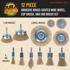 12-Piece Abrasive Brass-Coated Wire Wheel, Cup Brush, and End Brush Set, 1/4" Drill Shank - Clean Remove Grind, Strip Rust, Corrosion, Paint