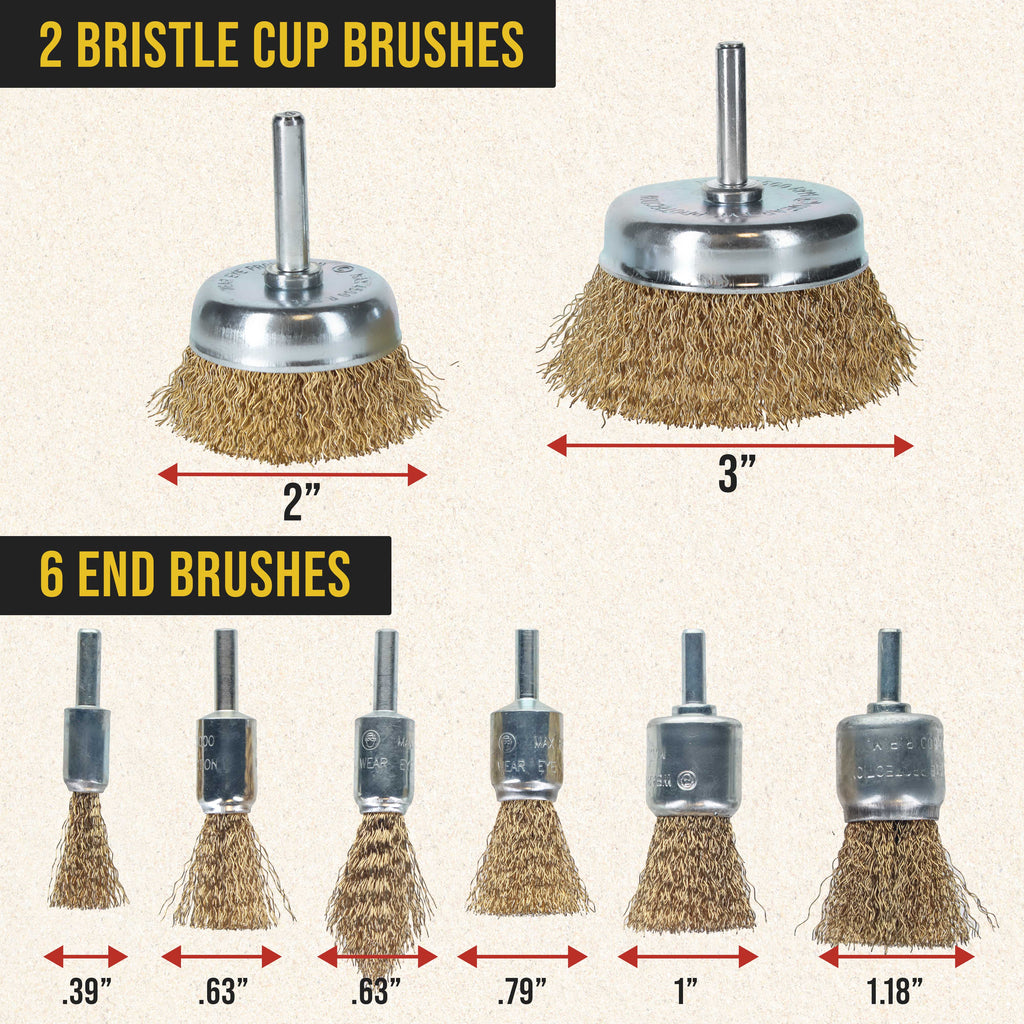 12-Piece Abrasive Brass-Coated Wire Wheel, Cup Brush, and End Brush Set, 1/4" Drill Shank - Clean Remove Grind, Strip Rust, Corrosion, Paint