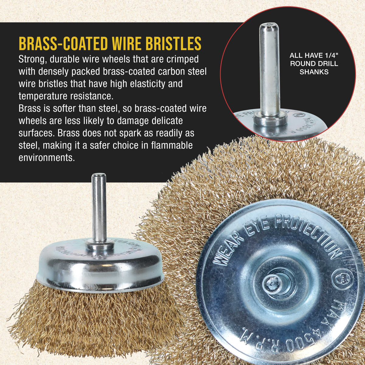12-Piece Abrasive Brass-Coated Wire Wheel, Cup Brush, and End Brush Set, 1/4" Drill Shank - Clean Remove Grind, Strip Rust, Corrosion, Paint
