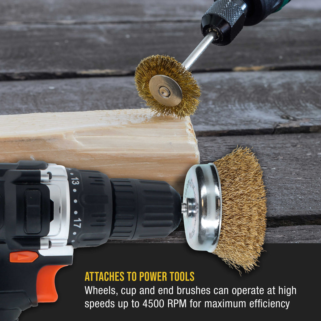 12-Piece Abrasive Brass-Coated Wire Wheel, Cup Brush, and End Brush Set, 1/4" Drill Shank - Clean Remove Grind, Strip Rust, Corrosion, Paint