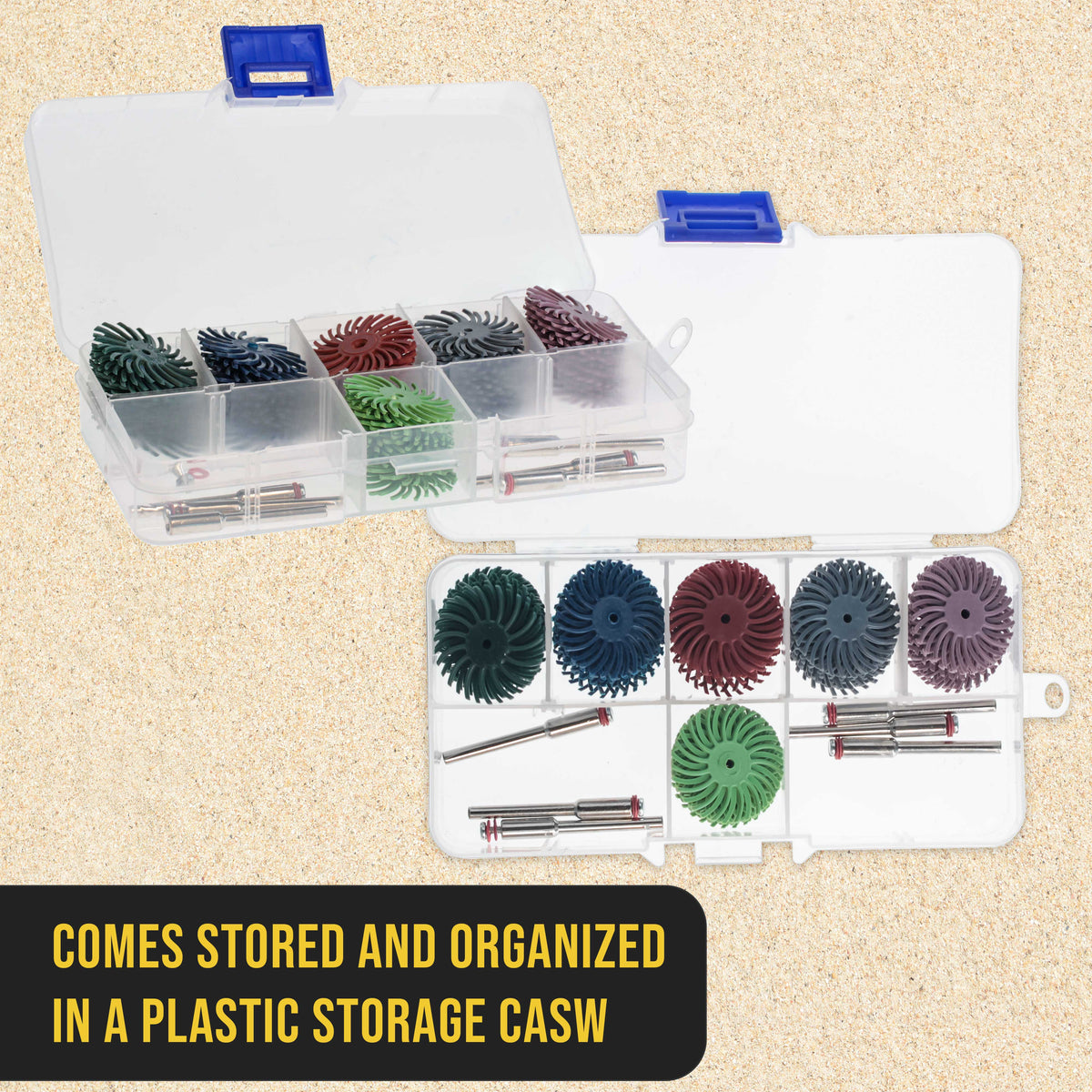 66-Piece 1" Diameter Radial Abrasive Bristle Brush Wheels Set - 10 Each Grits 80, 120, 220, 400, 600, 1000, 6 Rotary Tool 1/8" Steel Shanks