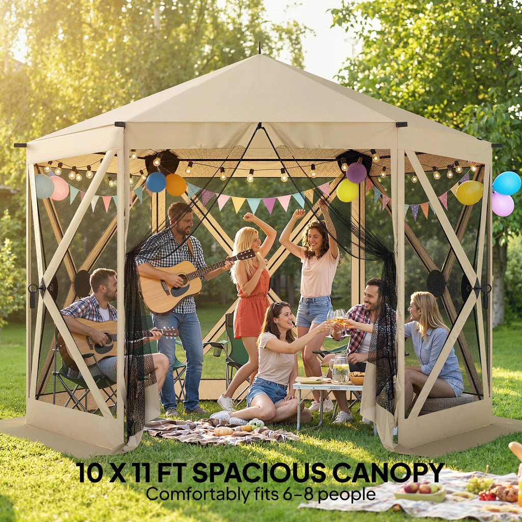 10' x 11' Pop Up Gazebo Screen Tent with Mesh Netting, Beige