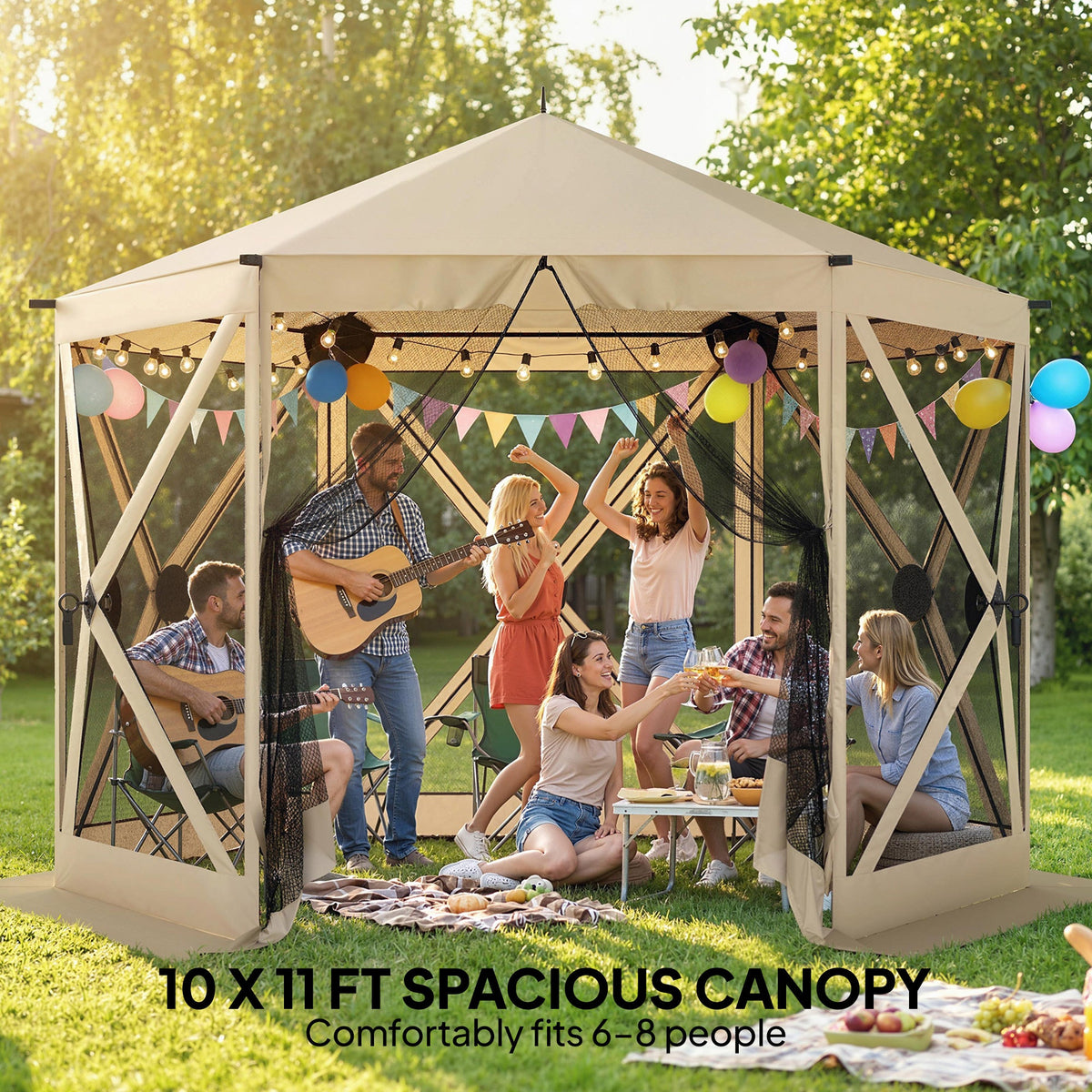 10' x 11' Pop Up Gazebo Screen Tent with Mesh Netting, Beige