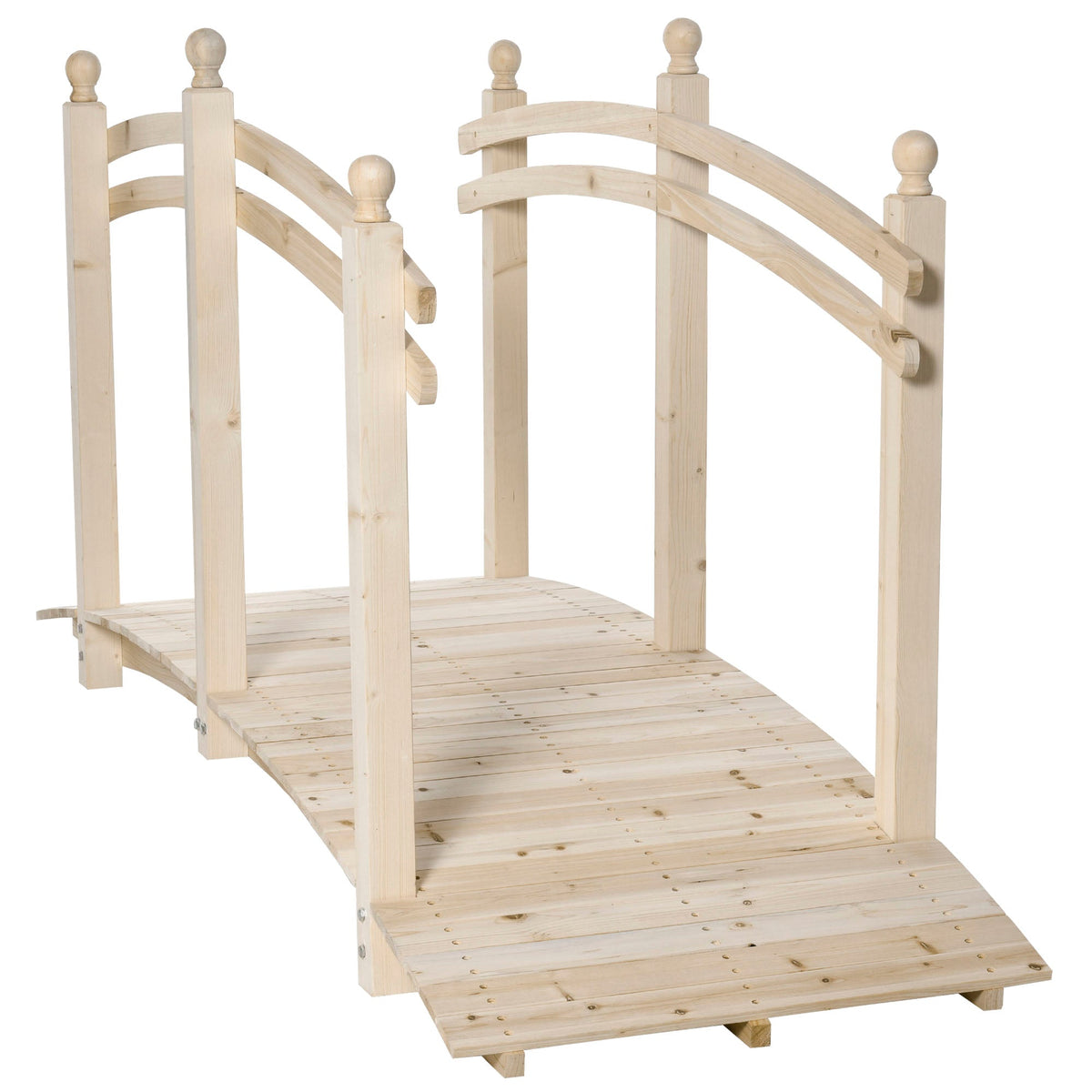 7.5' Wooden Arch Garden Bridge with Safety Rails, Natural Wood Tone