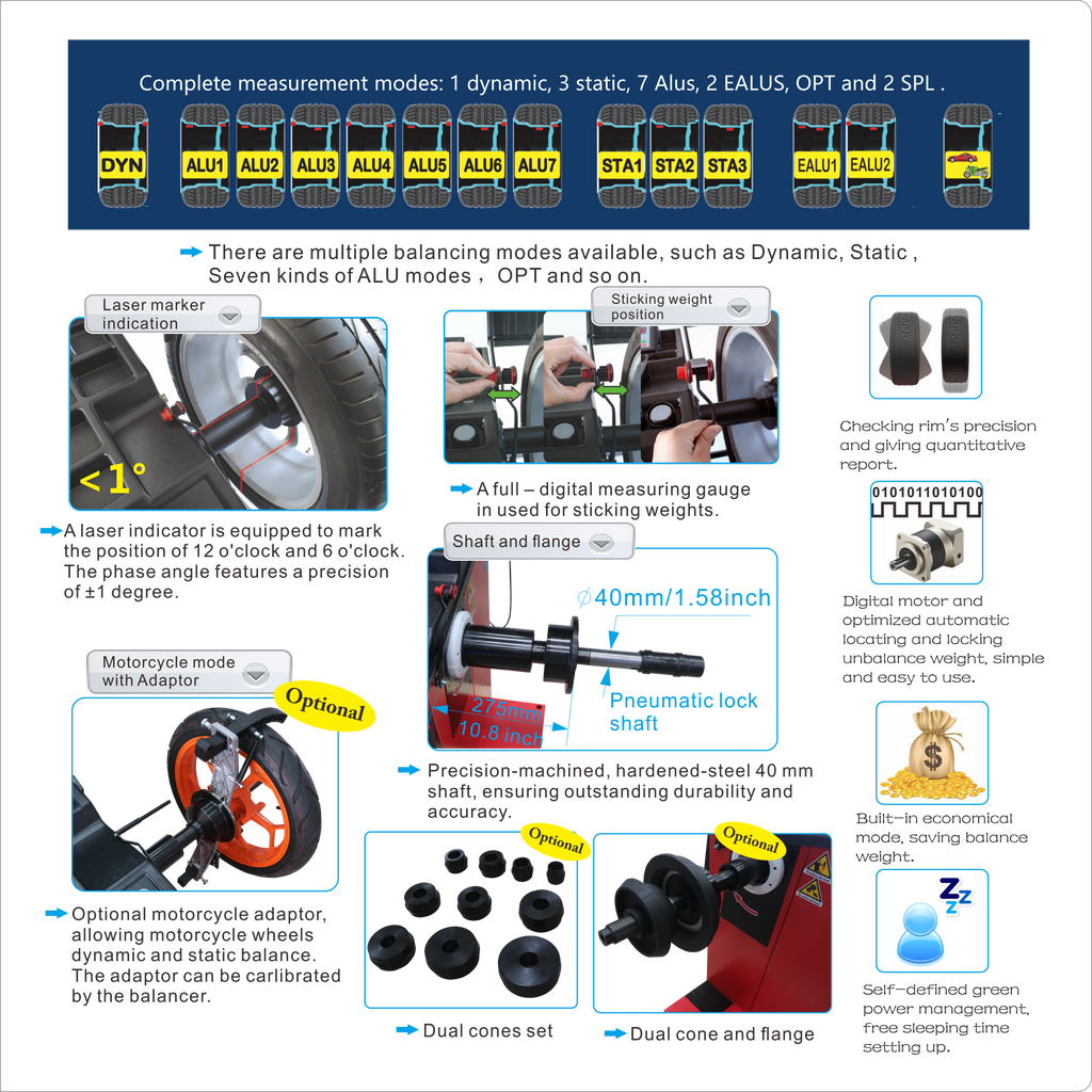 ACE Wheel Balancer ACB-E22 – LCD Display, Pneumatic Lock, 10"-32" Rim automatic locating and locking position, laser indicator for 12o'clock and 6o'clock position