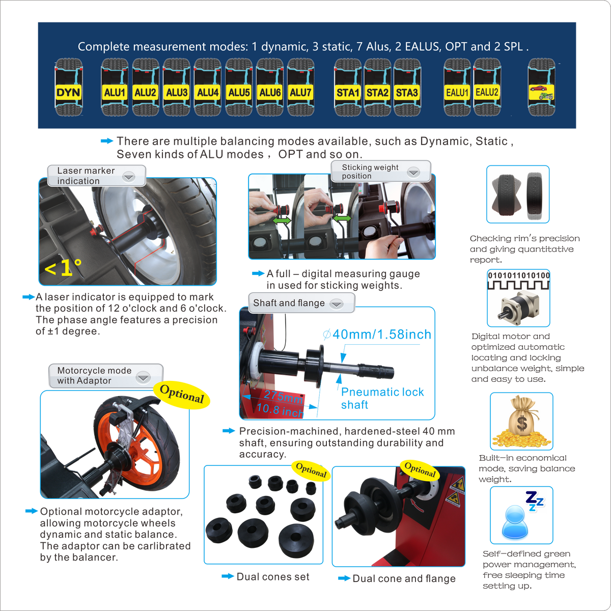 ACE Wheel Balancer ACB-E22 – LCD Display, Pneumatic Lock, 10"-32" Rim automatic locating and locking position, laser indicator for 12o'clock and 6o'clock position