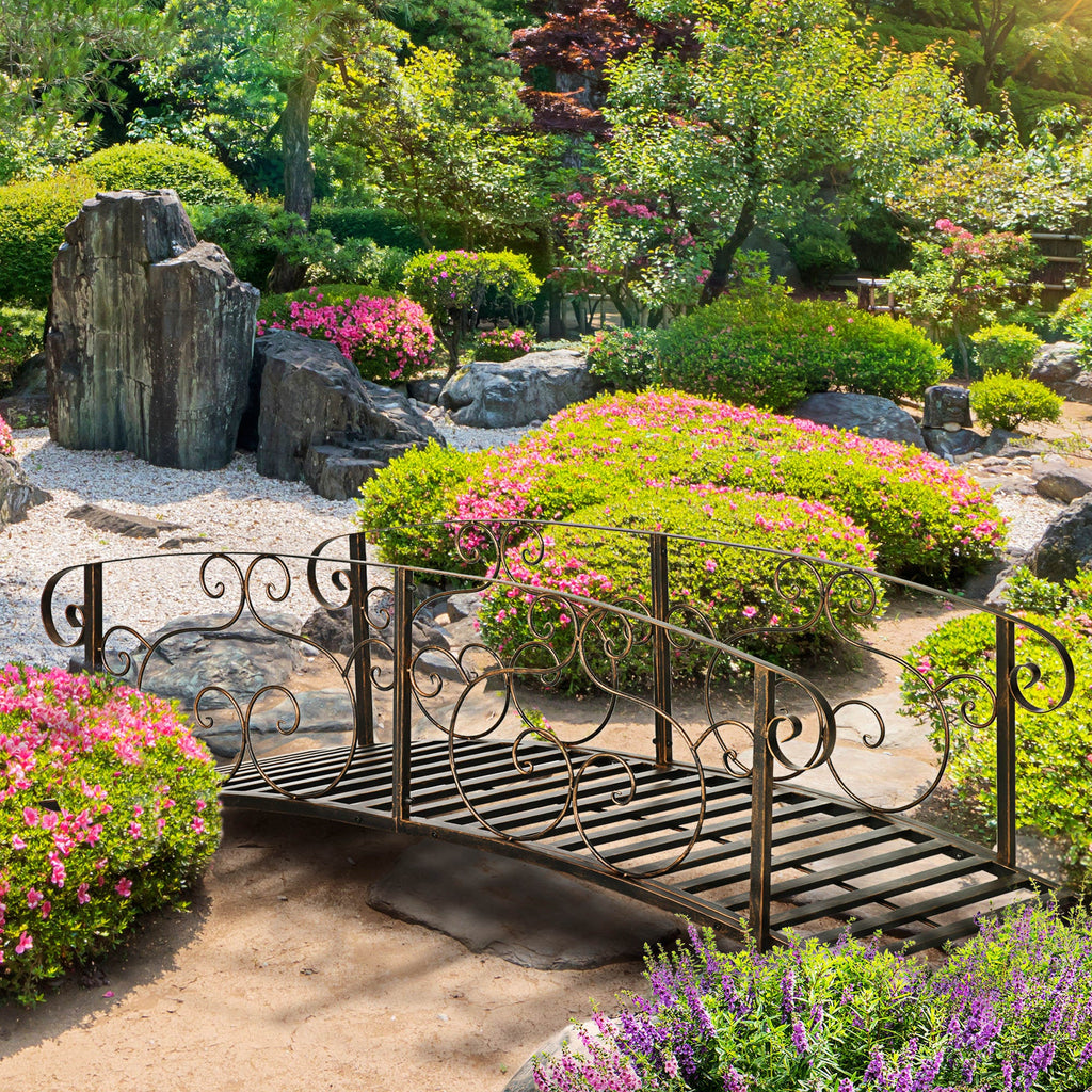 6' Metal Arch Garden Bridge with Safety Siderails, Bronze Footbridge