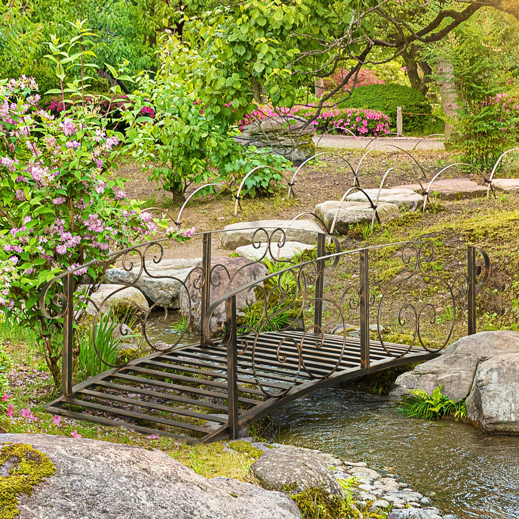 6' Metal Arch Garden Bridge with Safety Siderails, Bronze Footbridge