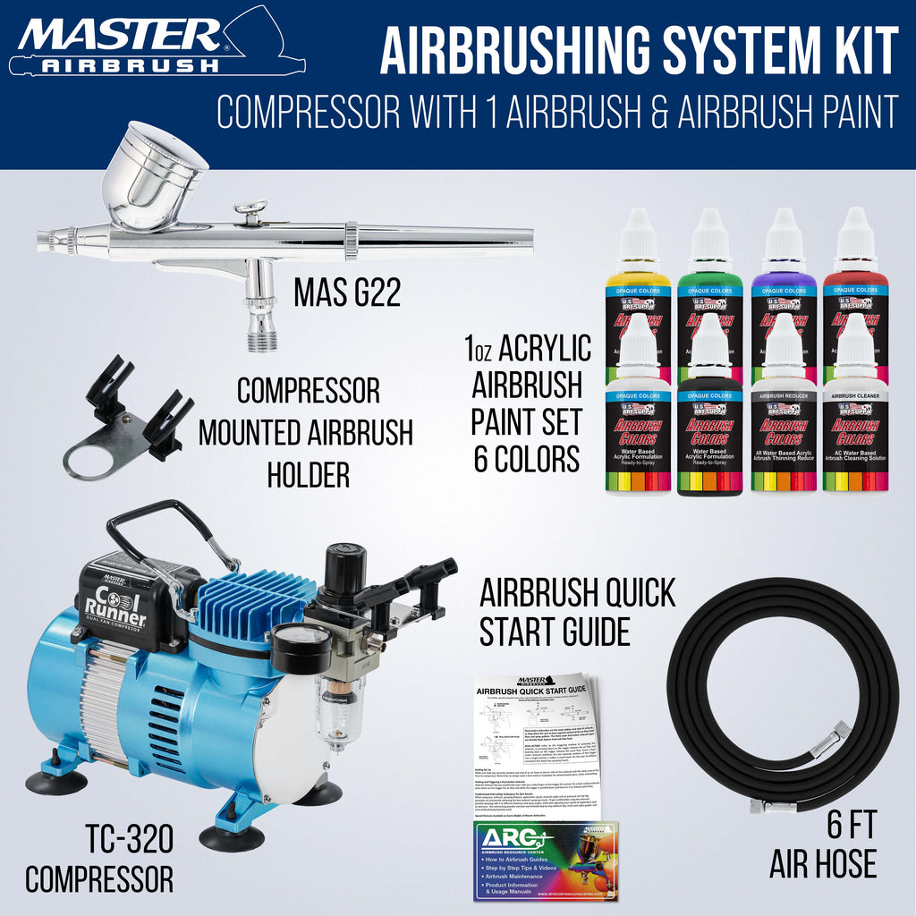Multi-Purpose with Air Compressor - 6 Primary Opaque Colors Acrylic Paint Artist Set - G22 Gravity Feed Airbrush and