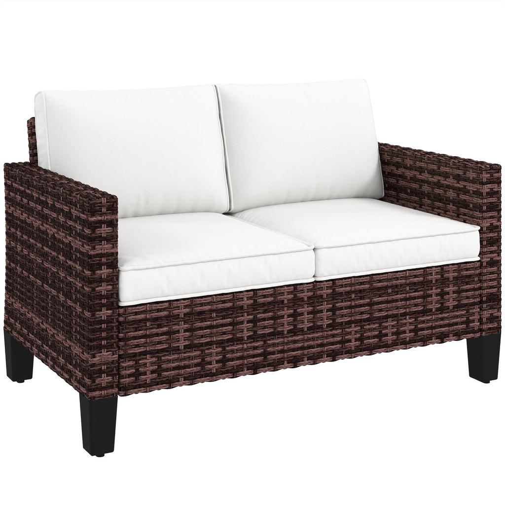 2 Seater Rattan Garden Sofa with Cushions & Armrests, Brown