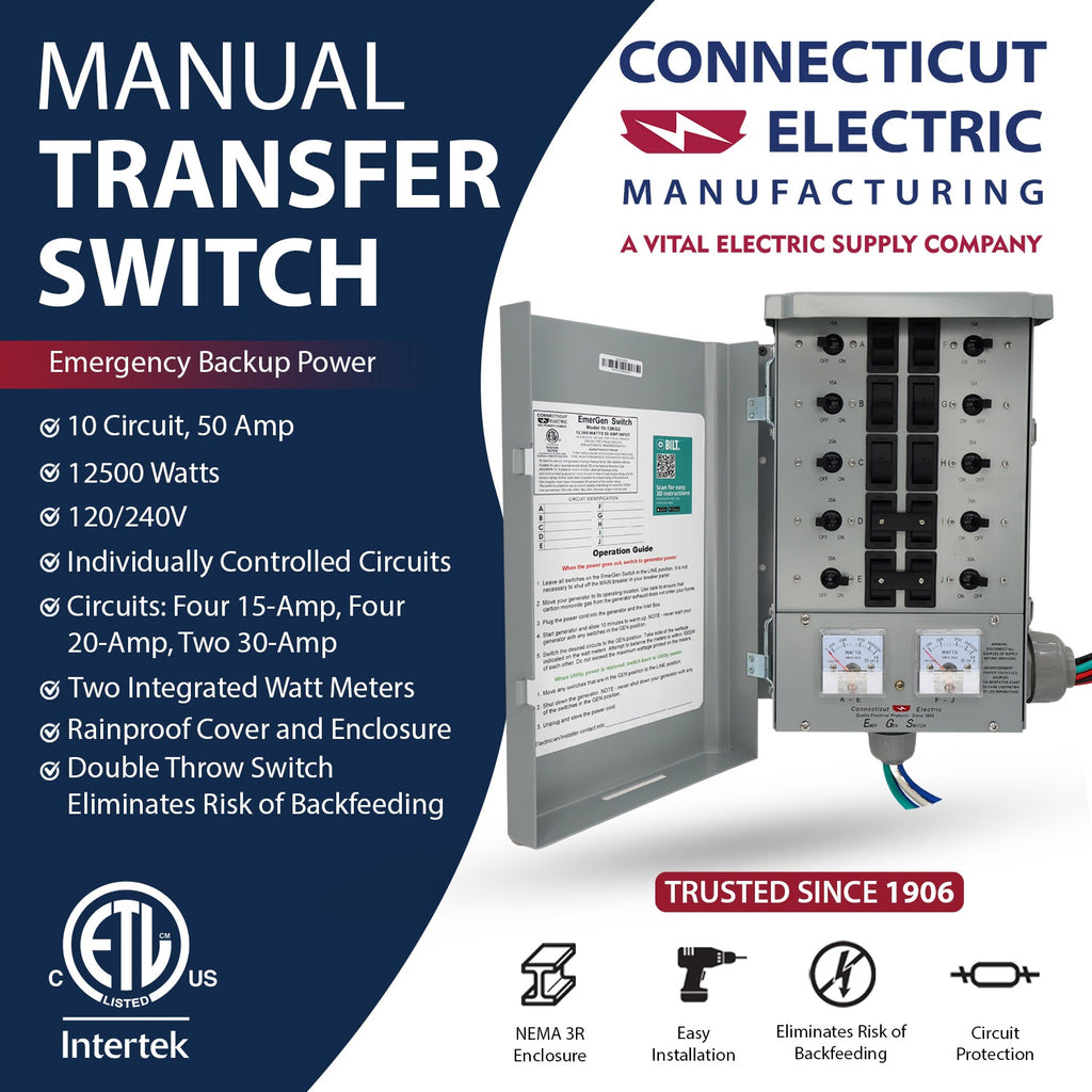 Connecticut Electric EGS1012KG2 EmerGen G2 50 Amp 10-Circuit Manual Transfer Switch Kit