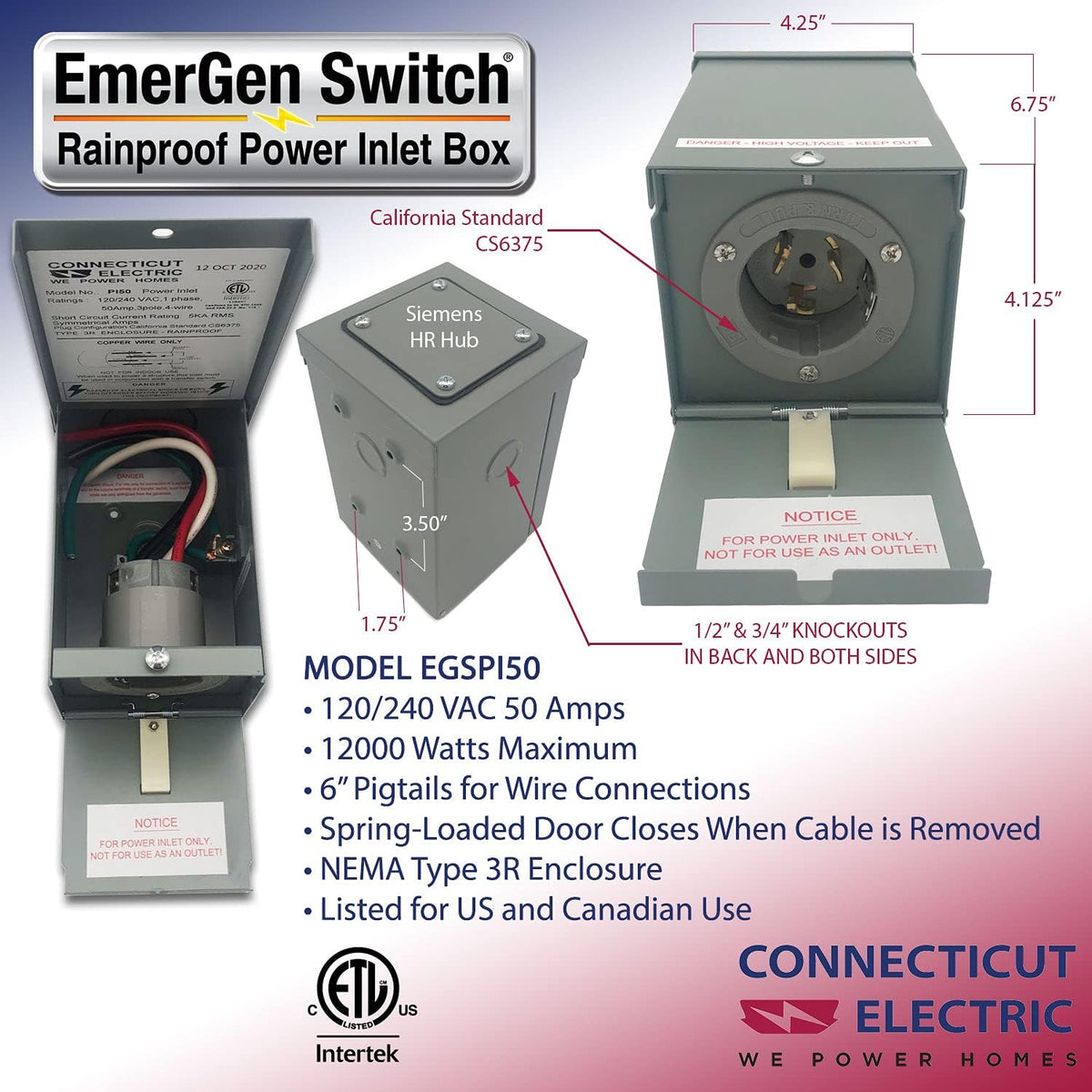 Connecticut Electric EGSPI50 50 Amp Generator Power Inlet Box with Weatherproof Cover
