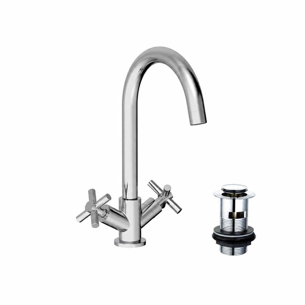 Elmbridge Crosshead Basin Mixer Tap with Click Clack Waste - Chrome