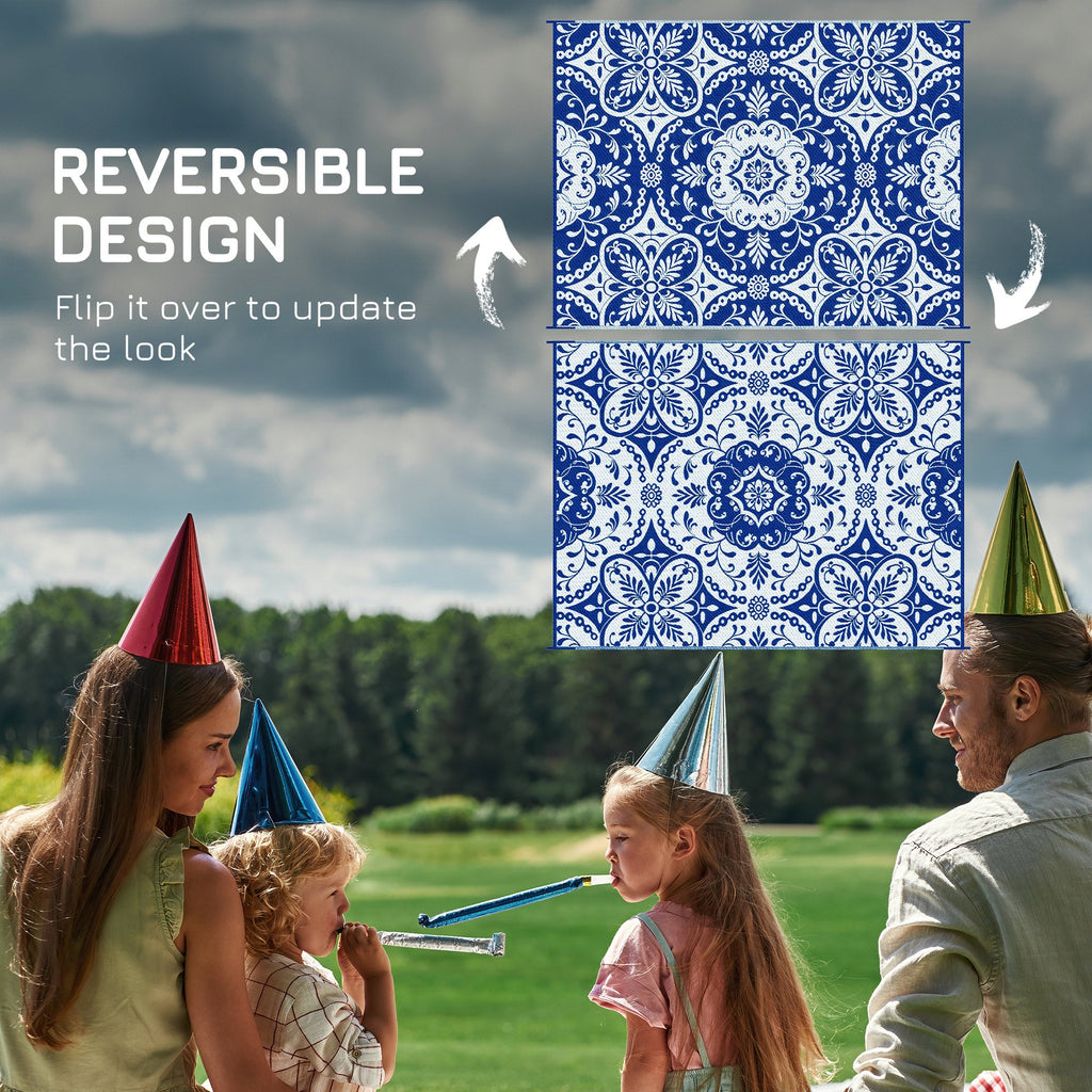 9' x 12' Reversible Waterproof Outdoor Rug, Blue & White Floral Design for Deck, Beach, Camping