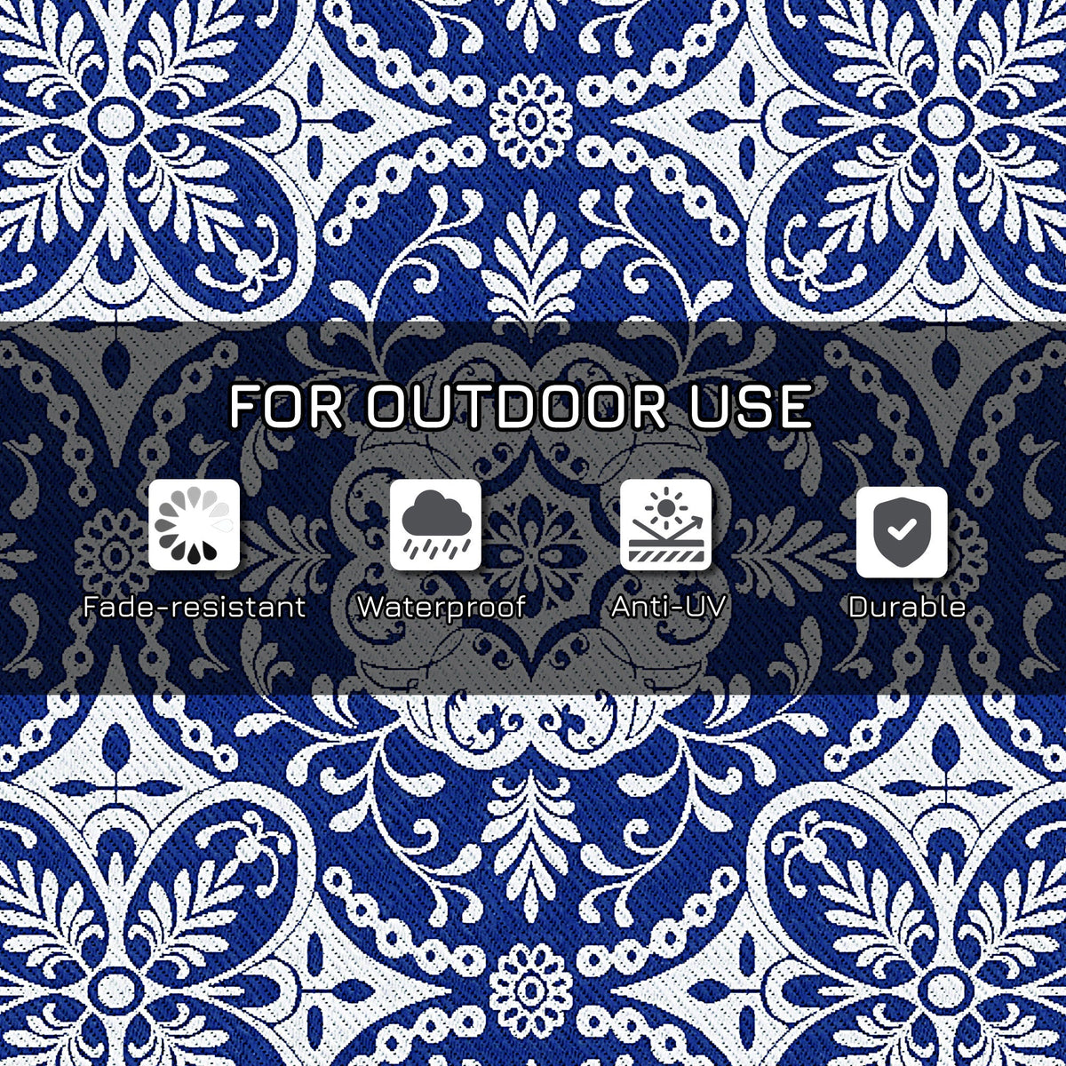 9' x 12' Reversible Waterproof Outdoor Rug, Blue & White Floral Design for Deck, Beach, Camping