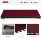 13' x 10' Retractable Awning with Manual Crank, 280gsm UV Resistant Fabric and Aluminum Frame, Wine Red
