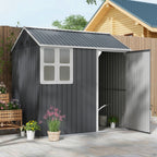 7' x 5.5' Metal Garden Storage Shed with Lockable Door & Window, Dark Grey