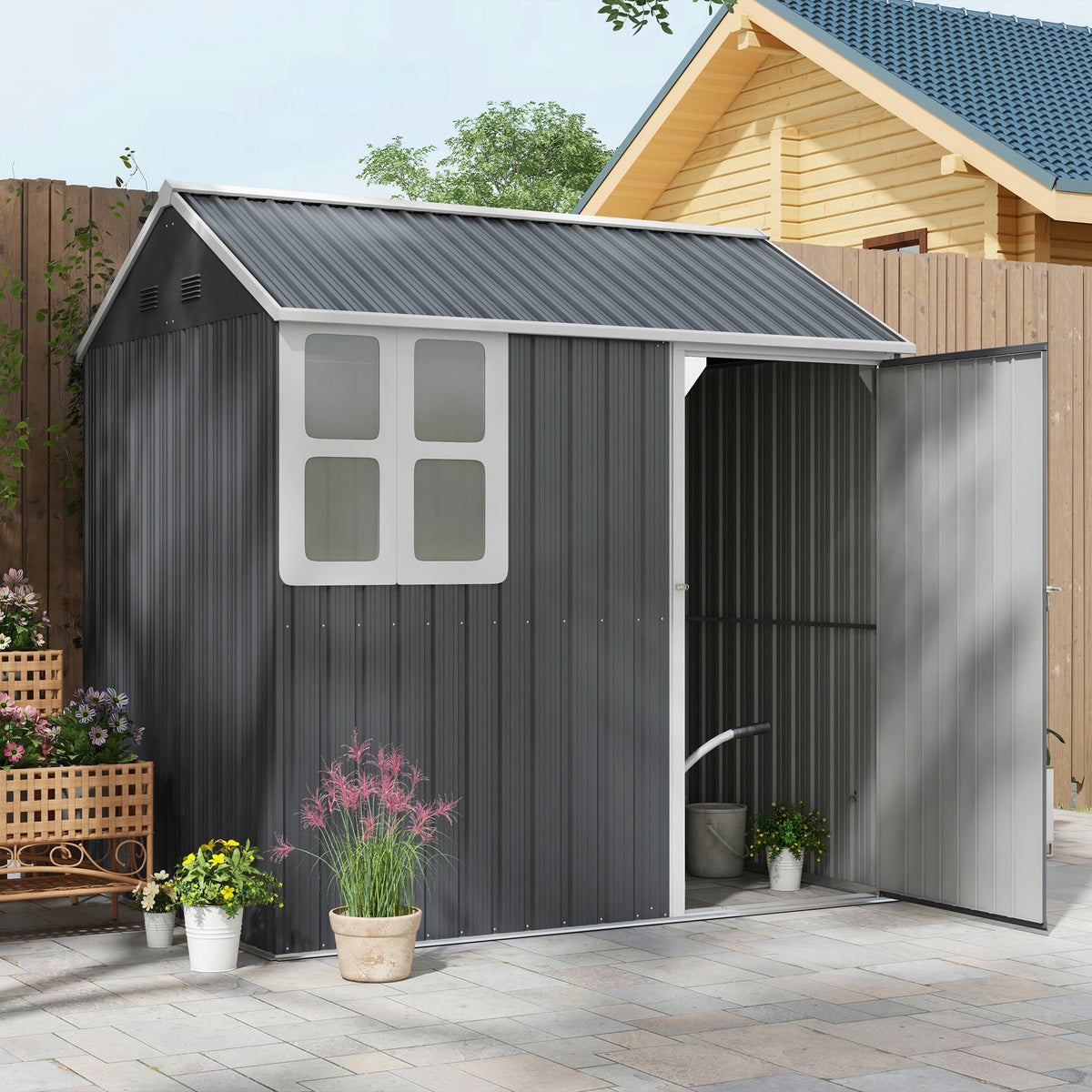 7' x 5.5' Metal Garden Storage Shed with Lockable Door & Window, Dark Grey
