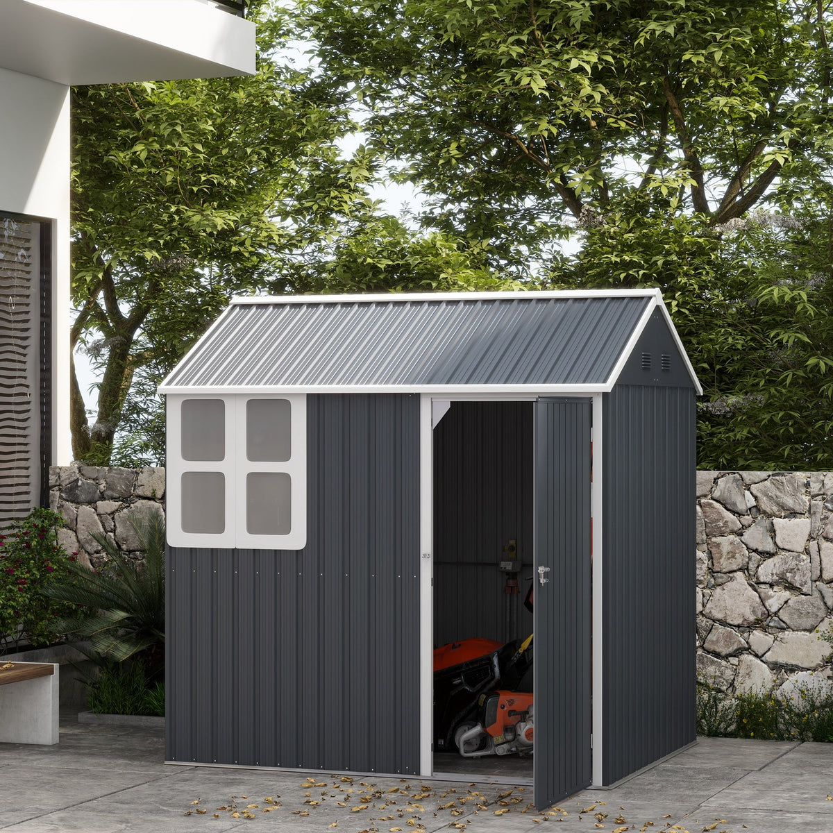 7' x 5.5' Metal Garden Storage Shed with Lockable Door & Window, Dark Grey