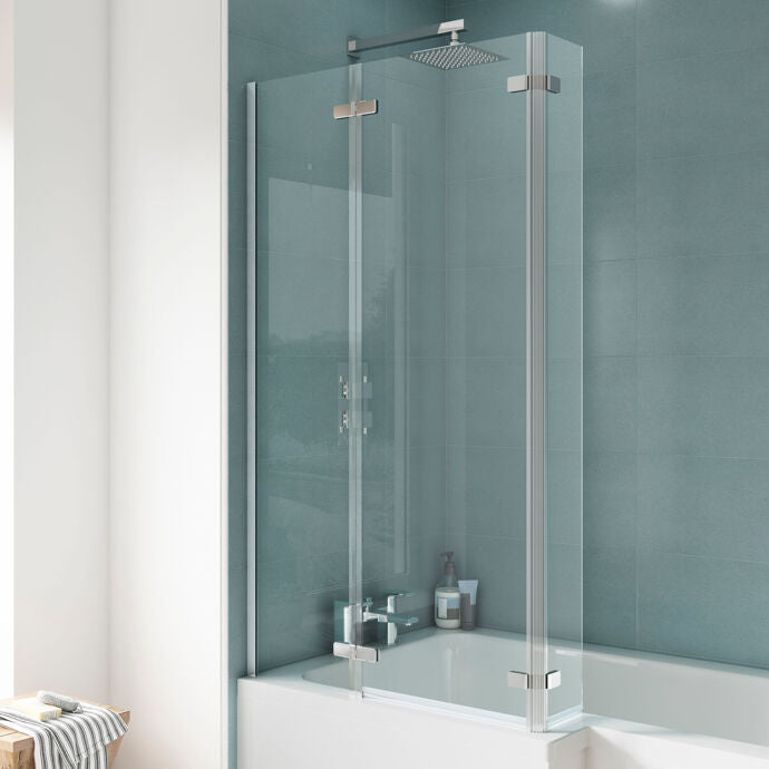 Torino 5mm Glass L-Shaped Hinged Bath Screen - 1400mm x 760mm - Chrome