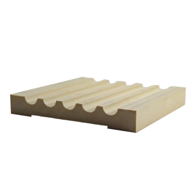 An image of EWCA49 wood Fluted 5-1/8 inch Casing Trim Moulding cross section on a white background. 