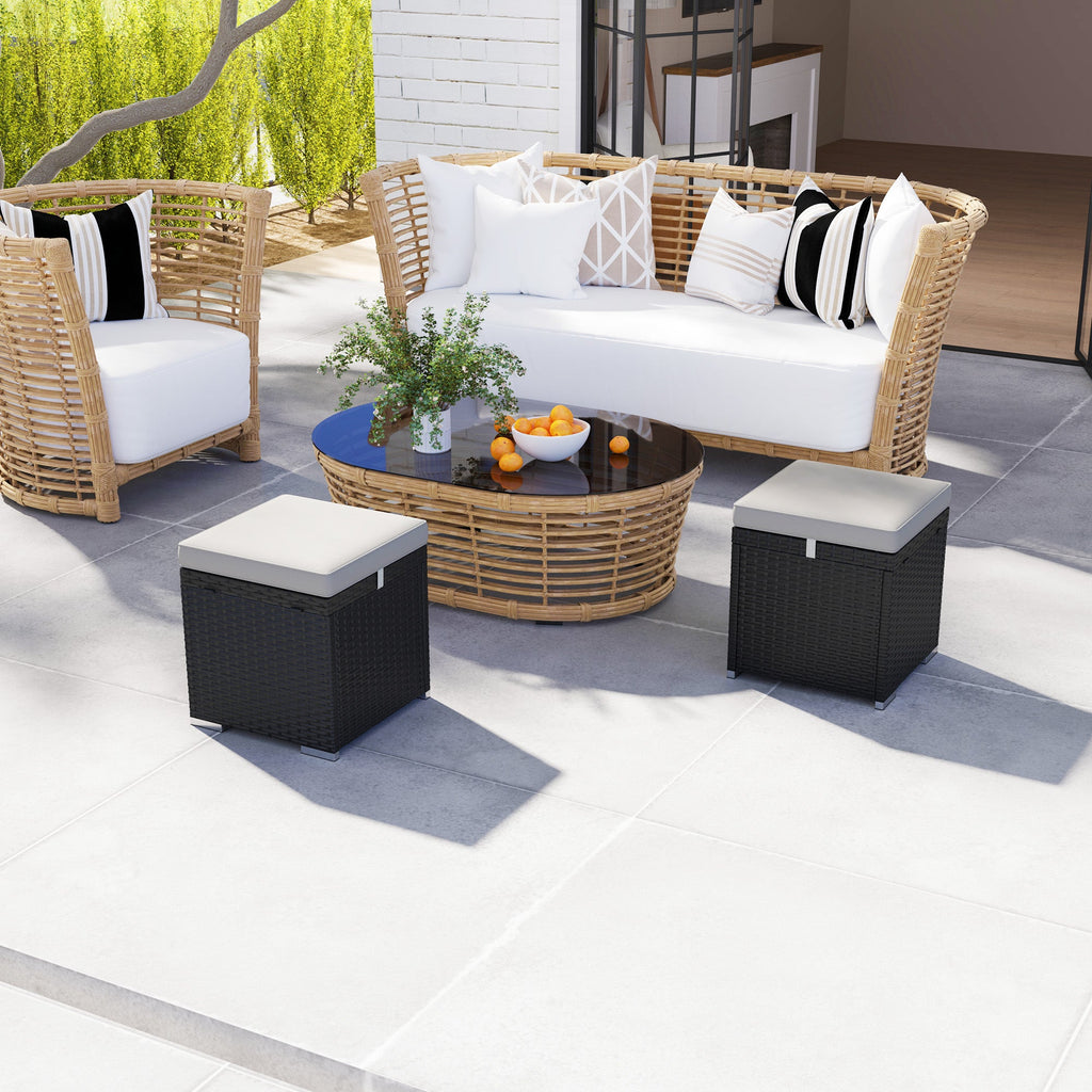 2 PC Wicker Outdoor Ottoman with Storage, Square Side Table with Removable Cushion, Light Grey