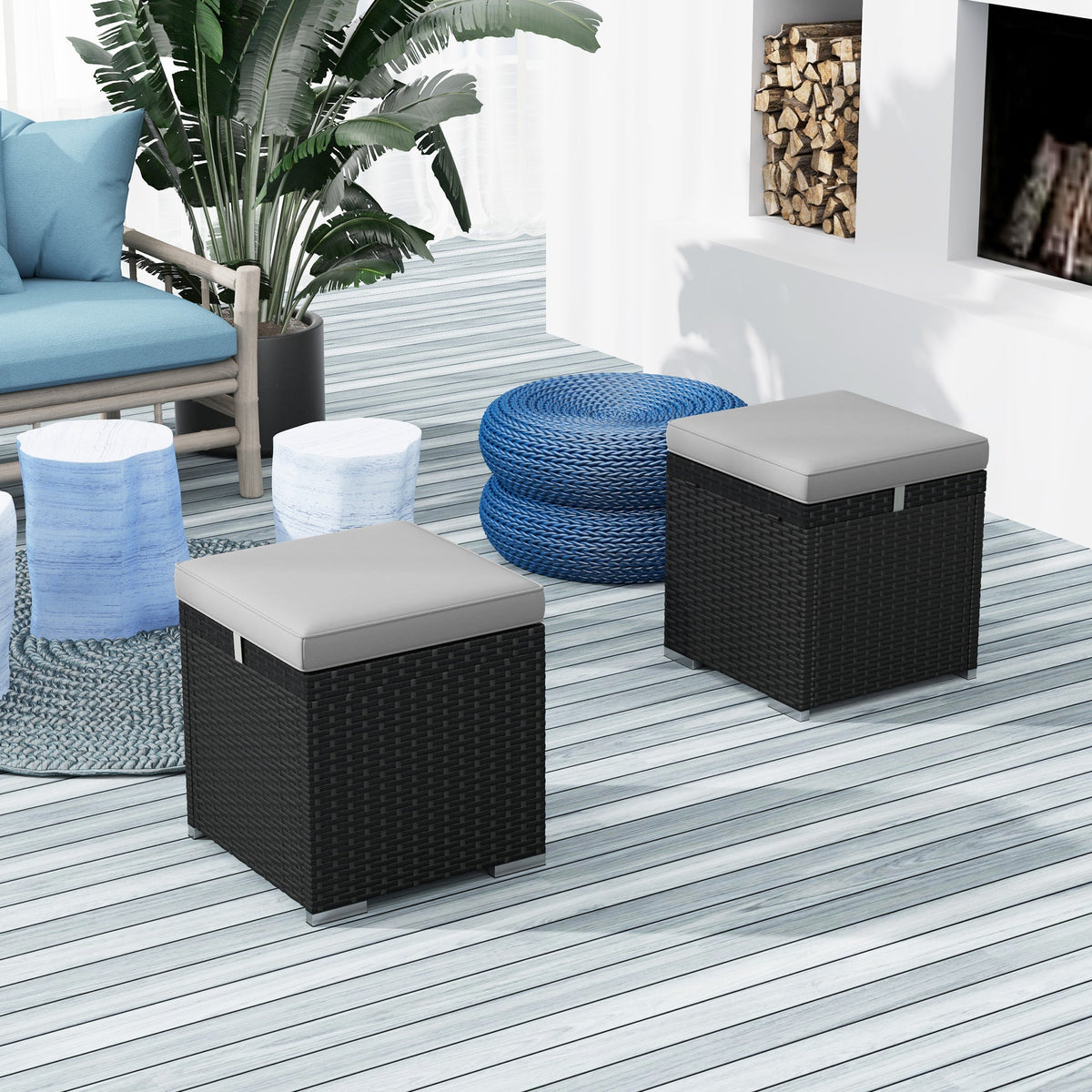 2 PC Wicker Outdoor Ottoman with Storage, Square Side Table with Removable Cushion, Light Grey