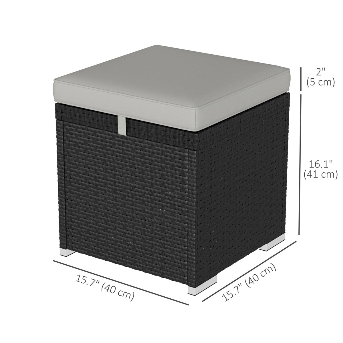 2 PC Wicker Outdoor Ottoman with Storage, Square Side Table with Removable Cushion, Light Grey