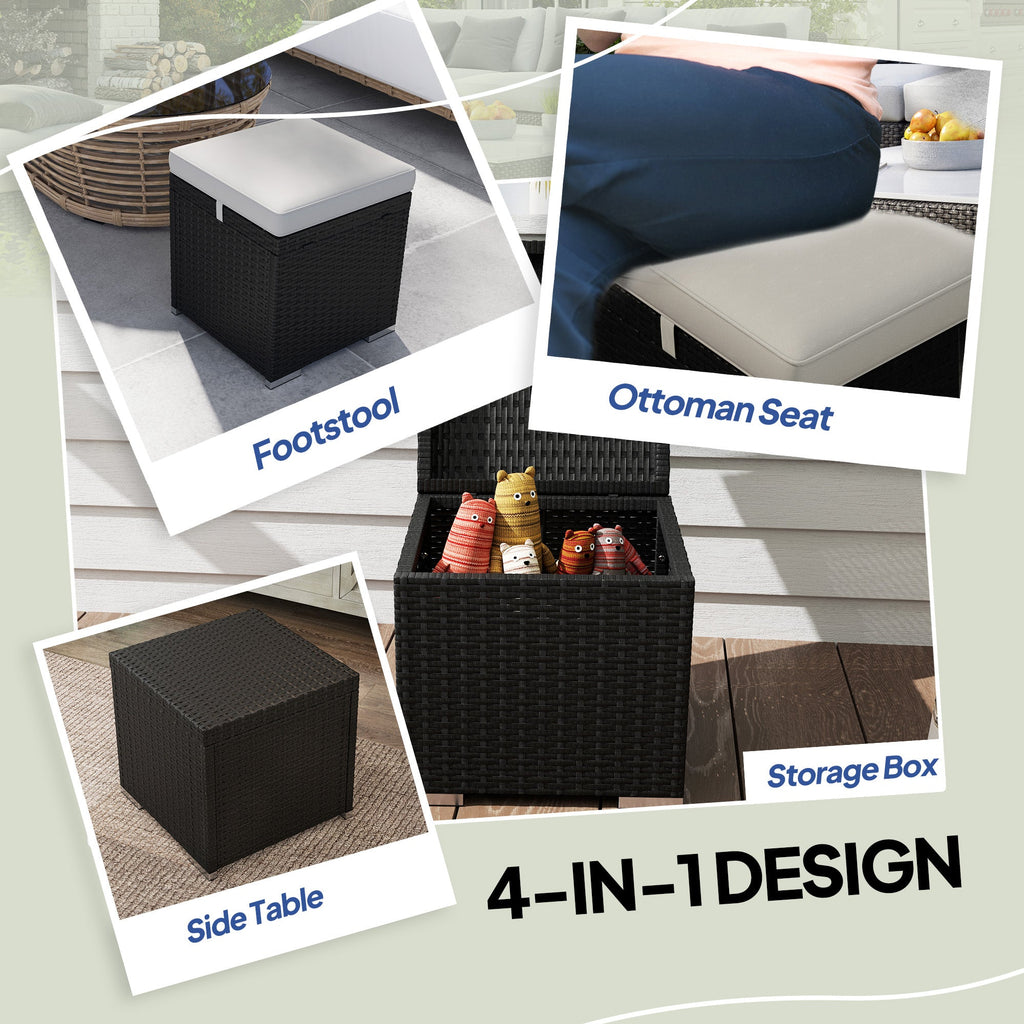 2 PC Wicker Outdoor Ottoman with Storage, Square Side Table with Removable Cushion, Light Grey