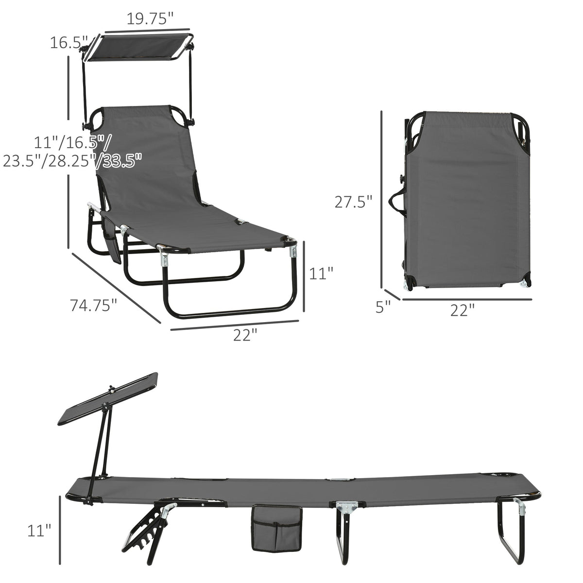 2-Pack Foldable Chaise Lounge Chairs with Canopy, Reclining Backrest & Side Pockets, Dark Gray
