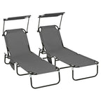 2-Pack Foldable Chaise Lounge Chairs with Canopy, Reclining Backrest & Side Pockets, Dark Gray