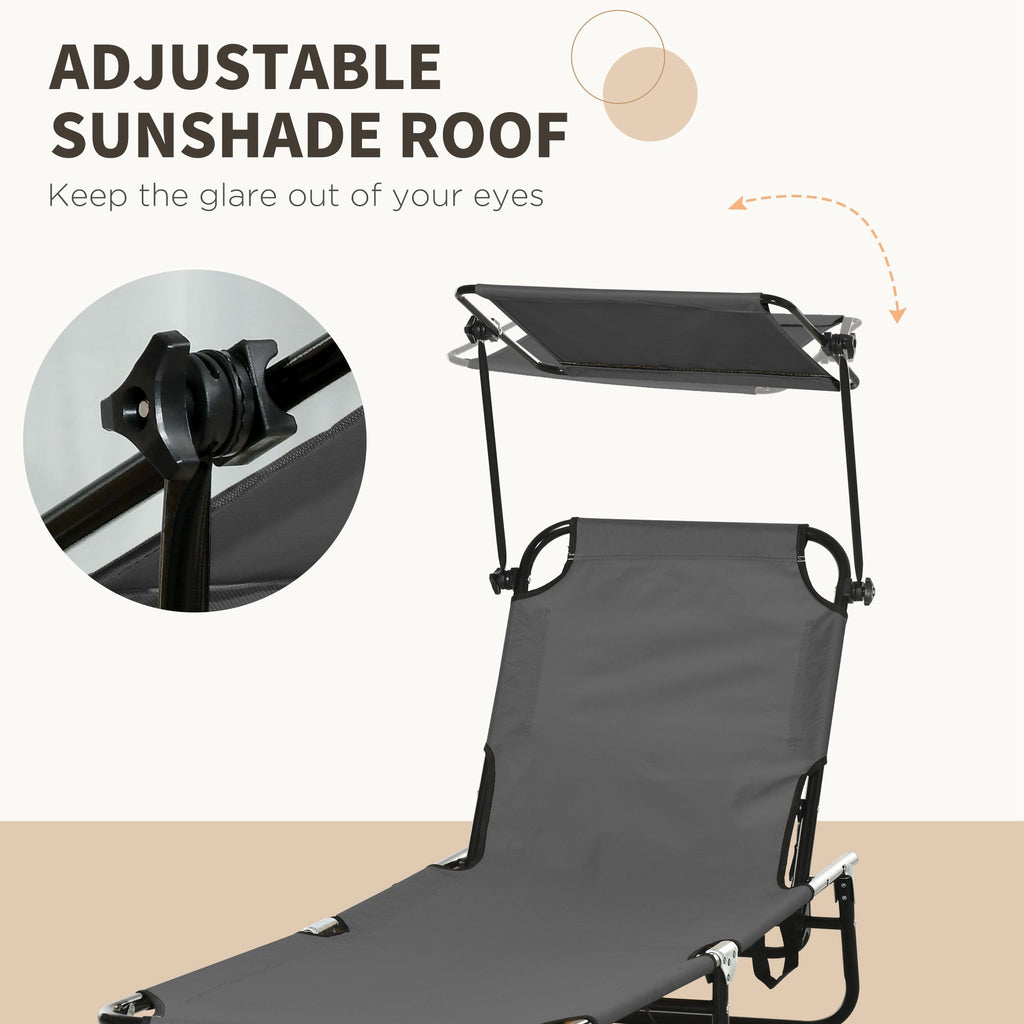 2-Pack Foldable Chaise Lounge Chairs with Canopy, Reclining Backrest & Side Pockets, Dark Gray